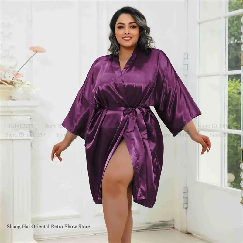 KissICON Purple / One Size Plus Size Women Robe Half Sleeve Bathrobe Kimono