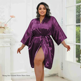 KissICON Purple / One Size Plus Size Women Robe Half Sleeve Bathrobe Kimono