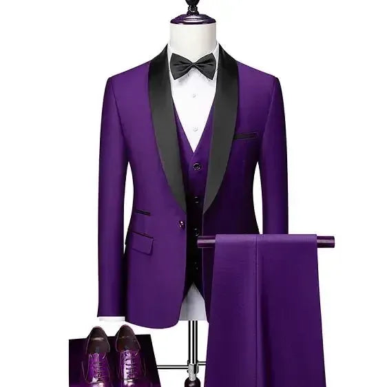 KissICON Purple / S Mens Beige Tuxedo Suit Jacket Vest Pants Set