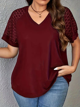 KissICON Purple Short Sleeve Elegant V-Neck Women's Plus Size T-Shirt - Contrast Lace Detail, Polyester Knit Fabric, 180gsm - Casual Top for Spring/Summer with Black Text "HANDMADE