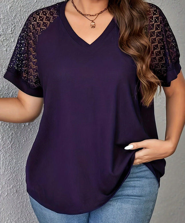 KissICON Purple Short Sleeve Elegant V-Neck Women's Plus Size T-Shirt - Contrast Lace Detail, Polyester Knit Fabric, 180gsm - Casual Top for Spring/Summer with Black Text "HANDMADE