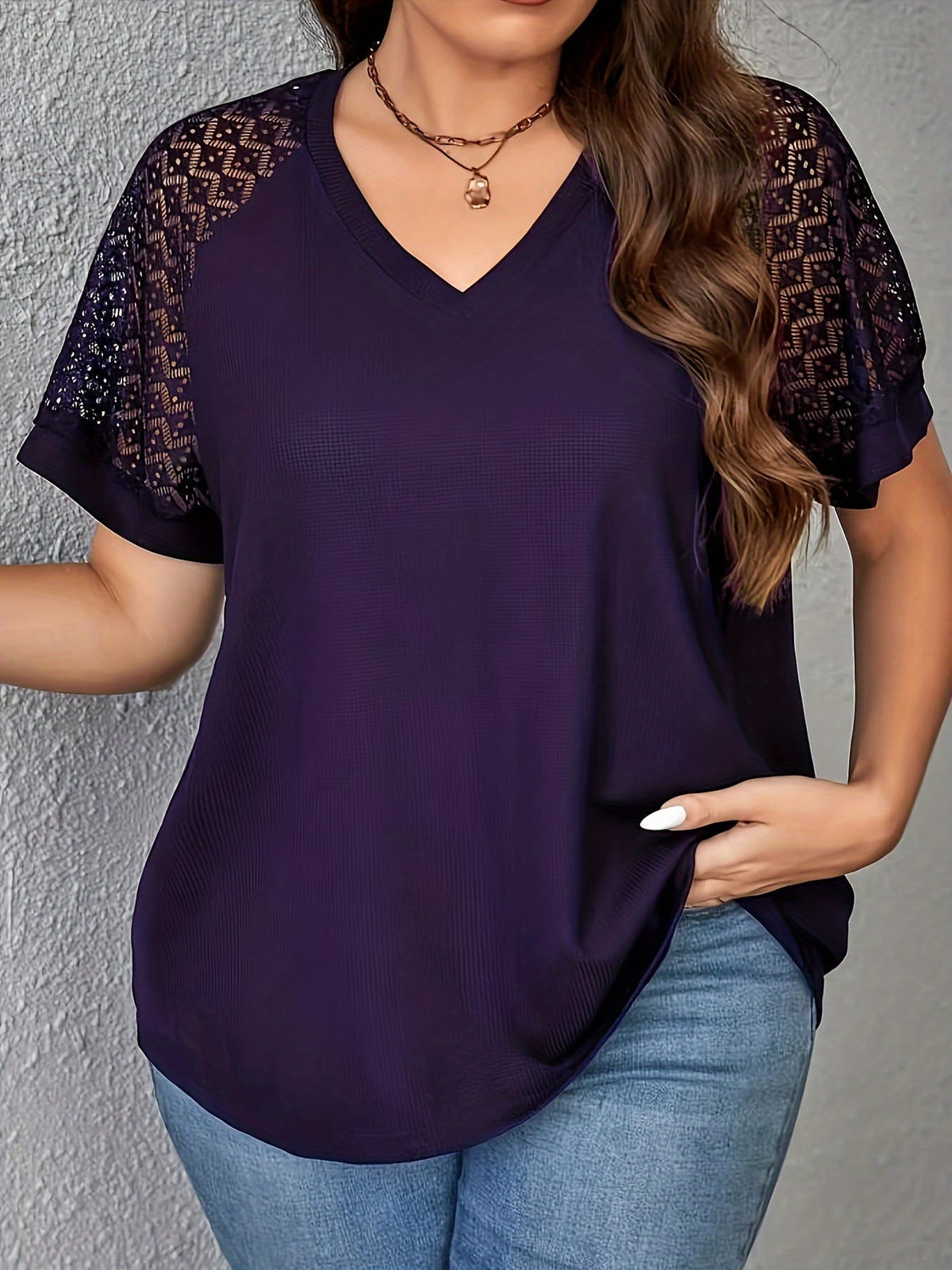 KissICON Purple Short Sleeve Elegant V-Neck Women's Plus Size T-Shirt - Contrast Lace Detail, Polyester Knit Fabric, 180gsm - Casual Top for Spring/Summer with Black Text "HANDMADE