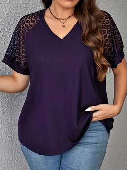 KissICON Purple Short Sleeve Elegant V-Neck Women's Plus Size T-Shirt - Contrast Lace Detail, Polyester Knit Fabric, 180gsm - Casual Top for Spring/Summer with Black Text "HANDMADE