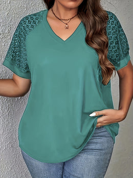 KissICON Purple Short Sleeve Elegant V-Neck Women's Plus Size T-Shirt - Contrast Lace Detail, Polyester Knit Fabric, 180gsm - Casual Top for Spring/Summer with Black Text "HANDMADE