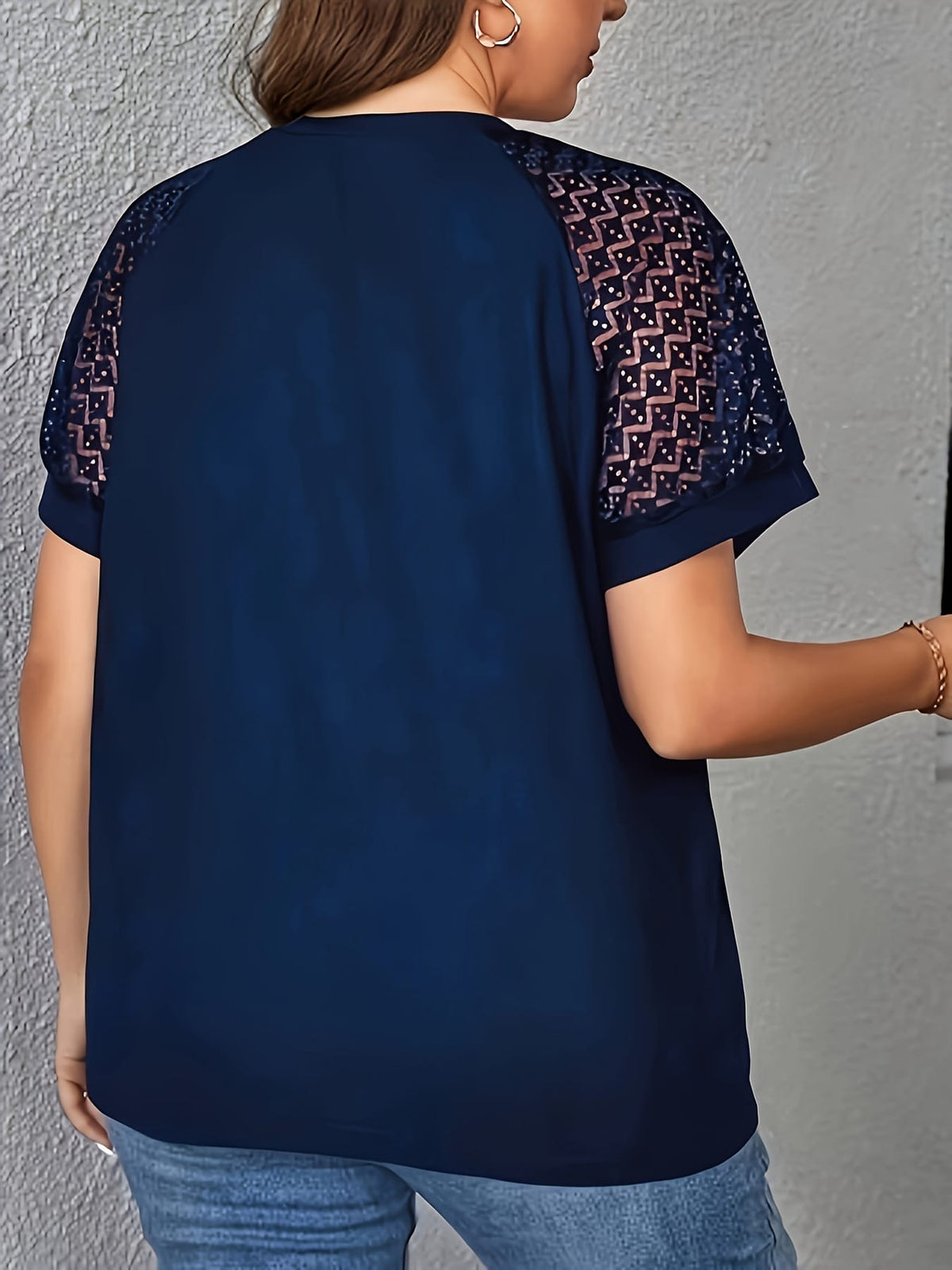 KissICON Purple Short Sleeve Elegant V-Neck Women's Plus Size T-Shirt - Contrast Lace Detail, Polyester Knit Fabric, 180gsm - Casual Top for Spring/Summer with Black Text "HANDMADE