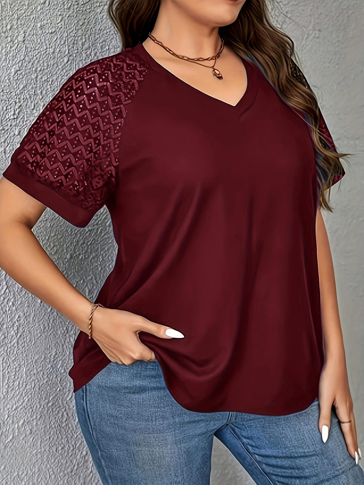 KissICON Purple Short Sleeve Elegant V-Neck Women's Plus Size T-Shirt - Contrast Lace Detail, Polyester Knit Fabric, 180gsm - Casual Top for Spring/Summer with Black Text "HANDMADE