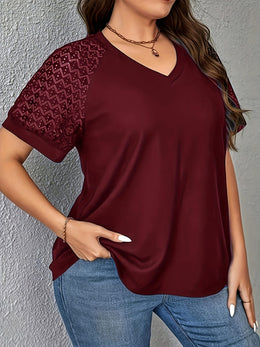 KissICON Purple Short Sleeve Elegant V-Neck Women's Plus Size T-Shirt - Contrast Lace Detail, Polyester Knit Fabric, 180gsm - Casual Top for Spring/Summer with Black Text "HANDMADE