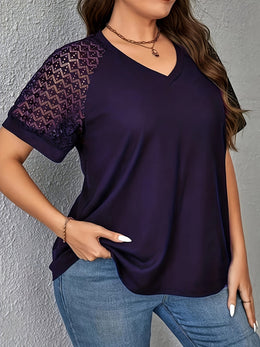 KissICON Purple Short Sleeve Elegant V-Neck Women's Plus Size T-Shirt - Contrast Lace Detail, Polyester Knit Fabric, 180gsm - Casual Top for Spring/Summer with Black Text "HANDMADE