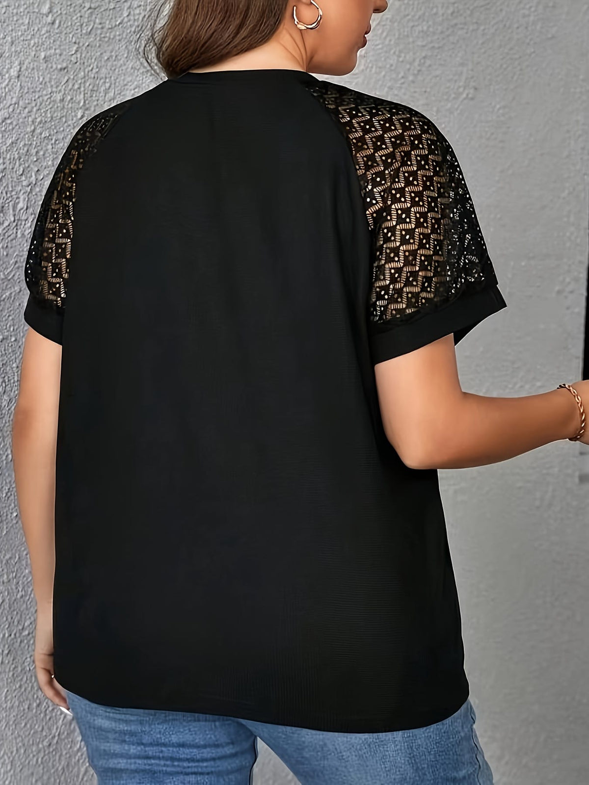 KissICON Purple Short Sleeve Elegant V-Neck Women's Plus Size T-Shirt - Contrast Lace Detail, Polyester Knit Fabric, 180gsm - Casual Top for Spring/Summer with Black Text "HANDMADE