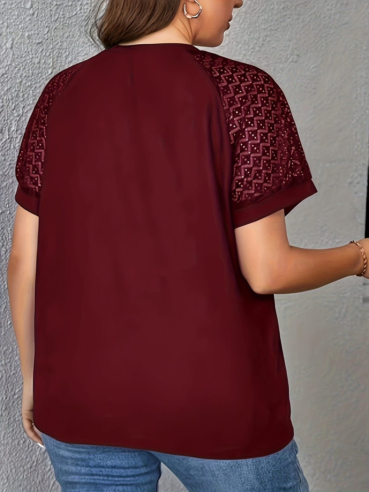 KissICON Purple Short Sleeve Elegant V-Neck Women's Plus Size T-Shirt - Contrast Lace Detail, Polyester Knit Fabric, 180gsm - Casual Top for Spring/Summer with Black Text "HANDMADE