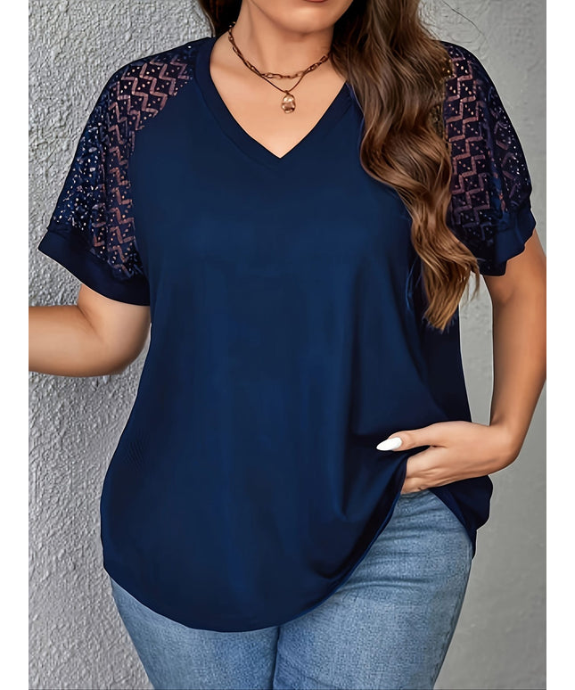 KissICON Purple Short Sleeve Elegant V-Neck Women's Plus Size T-Shirt - Contrast Lace Detail, Polyester Knit Fabric, 180gsm - Casual Top for Spring/Summer with Black Text "HANDMADE