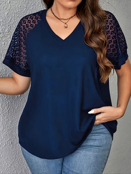 KissICON Purple Short Sleeve Elegant V-Neck Women's Plus Size T-Shirt - Contrast Lace Detail, Polyester Knit Fabric, 180gsm - Casual Top for Spring/Summer with Black Text "HANDMADE