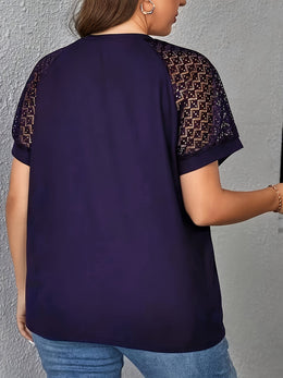 KissICON Purple Short Sleeve Elegant V-Neck Women's Plus Size T-Shirt - Contrast Lace Detail, Polyester Knit Fabric, 180gsm - Casual Top for Spring/Summer with Black Text "HANDMADE