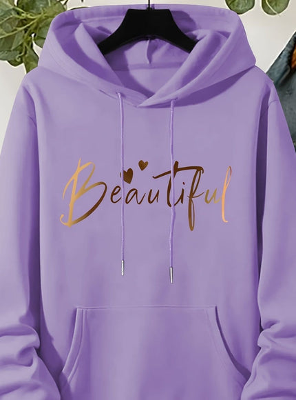 jkthpu-45 Purple / UK 16 Plus Size Beautiful Letter Print Drawstring Hoodie, Warm