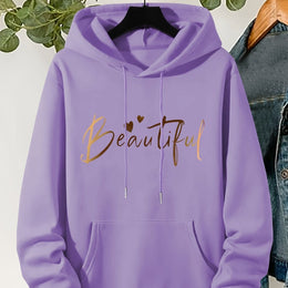 jkthpu-45 Purple / UK 16 Plus Size Beautiful Letter Print Drawstring Hoodie, Warm