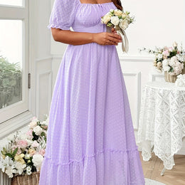 jkthpu-45 Purple / UK 16 Plus Size, Women's Plus Size Lavender Formal Maxi dress - Elegant Square neck flared skirt non-stretchy gown for Wedding Guest, Prom, Party - Machine Washable Formal event Dresses, Dresses for Wedding Guest, Prom Dress, Sophisticated Design, Nonstretch Fa