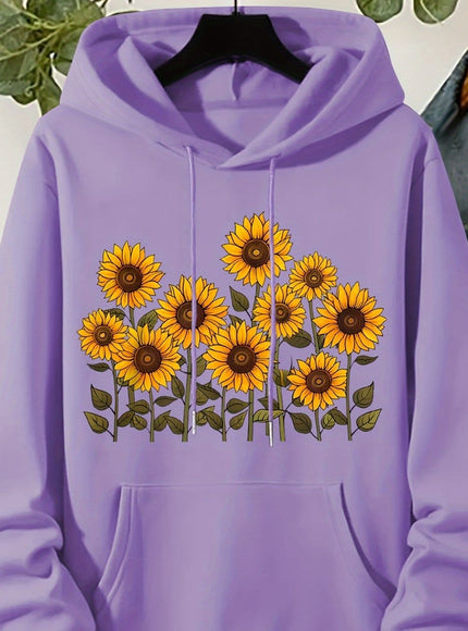 jkthpu-45 Purple / UK 16 Plus Size, Women's Sunflower Print Hooded Sweatshirt -