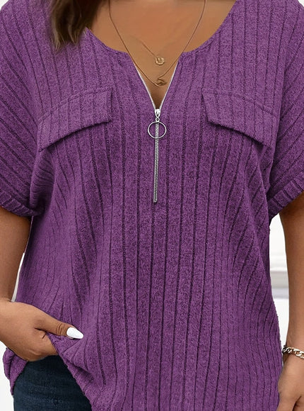 KissICON Purple / UK 18 [Plus Size T-Shirt] Elegant Plus Size Women's Short-Sleeve T-Shirt | with Zipper Pockets And a Loose, Comfortable Fit, for Spring And Summer