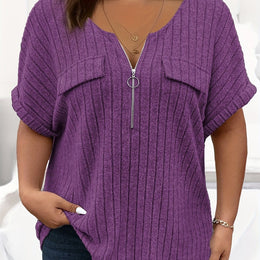 KissICON Purple / UK 18 [Plus Size T-Shirt] Elegant Plus Size Women's Short-Sleeve T-Shirt | with Zipper Pockets And a Loose, Comfortable Fit, for Spring And Summer