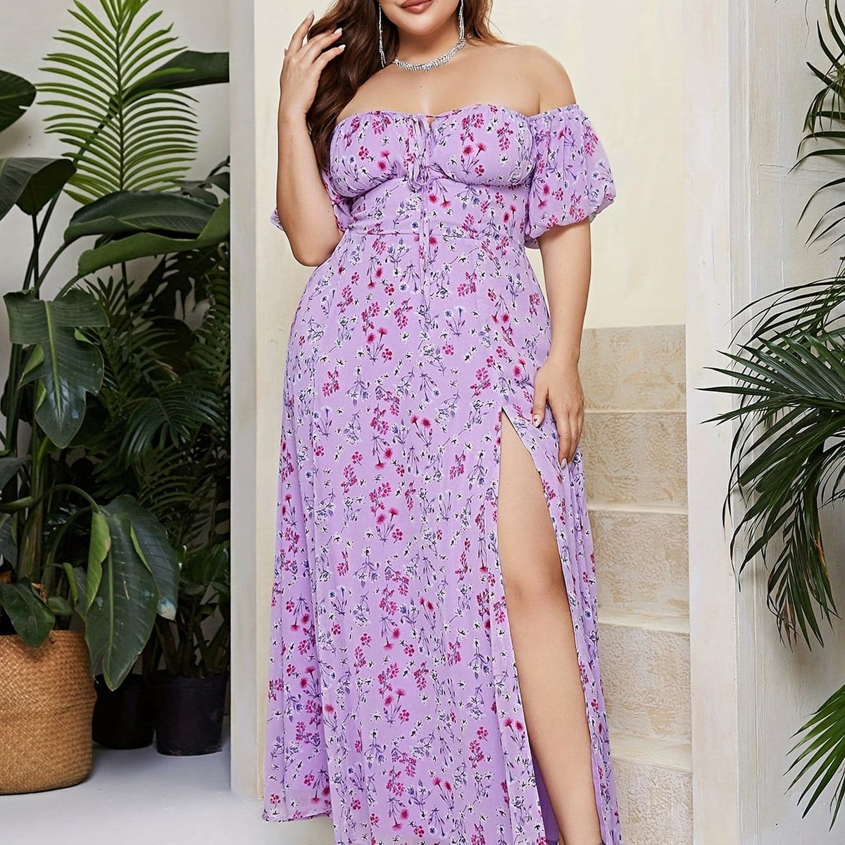 jkthpu-45 Purple / UK 18 Plus Size, Women's Elegant Floral maxi dress - One-Shoulder/Spaghetti Strap, Non-Stretchy fabric flowy party & Formal Events - Purple Floral print on Lavender Background - All-Season Evening Gown for Women, Cute Dresses, Vacation Outfit, Stylish Construct