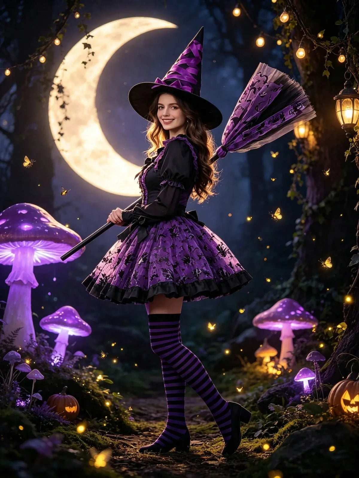 KissICON Purple Witch Costume Complete Witch Costume Set with Hat Tulle Skirt and Broom