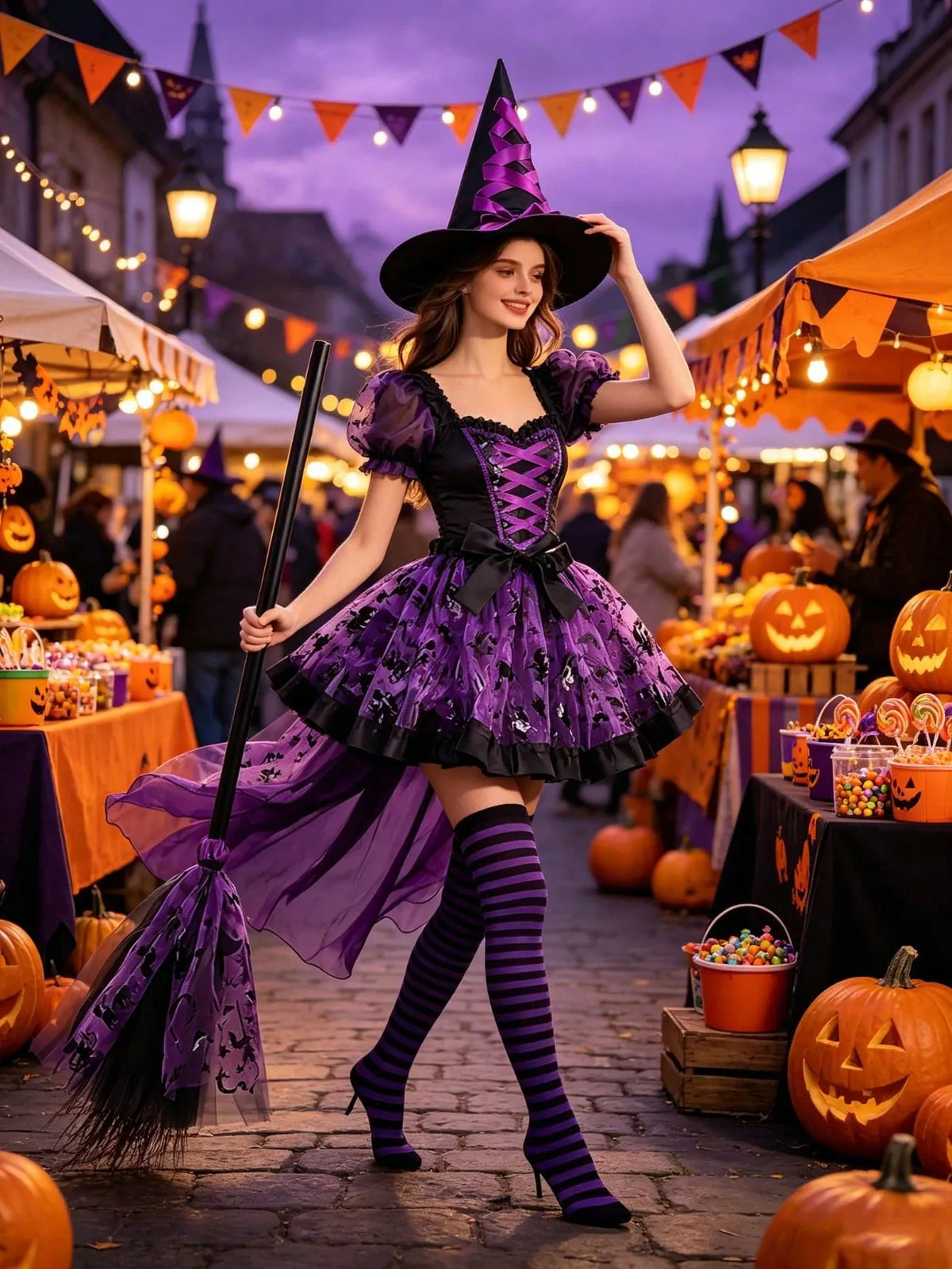 KissICON Purple Witch Costume Complete Witch Costume Set with Hat Tulle Skirt and Broom