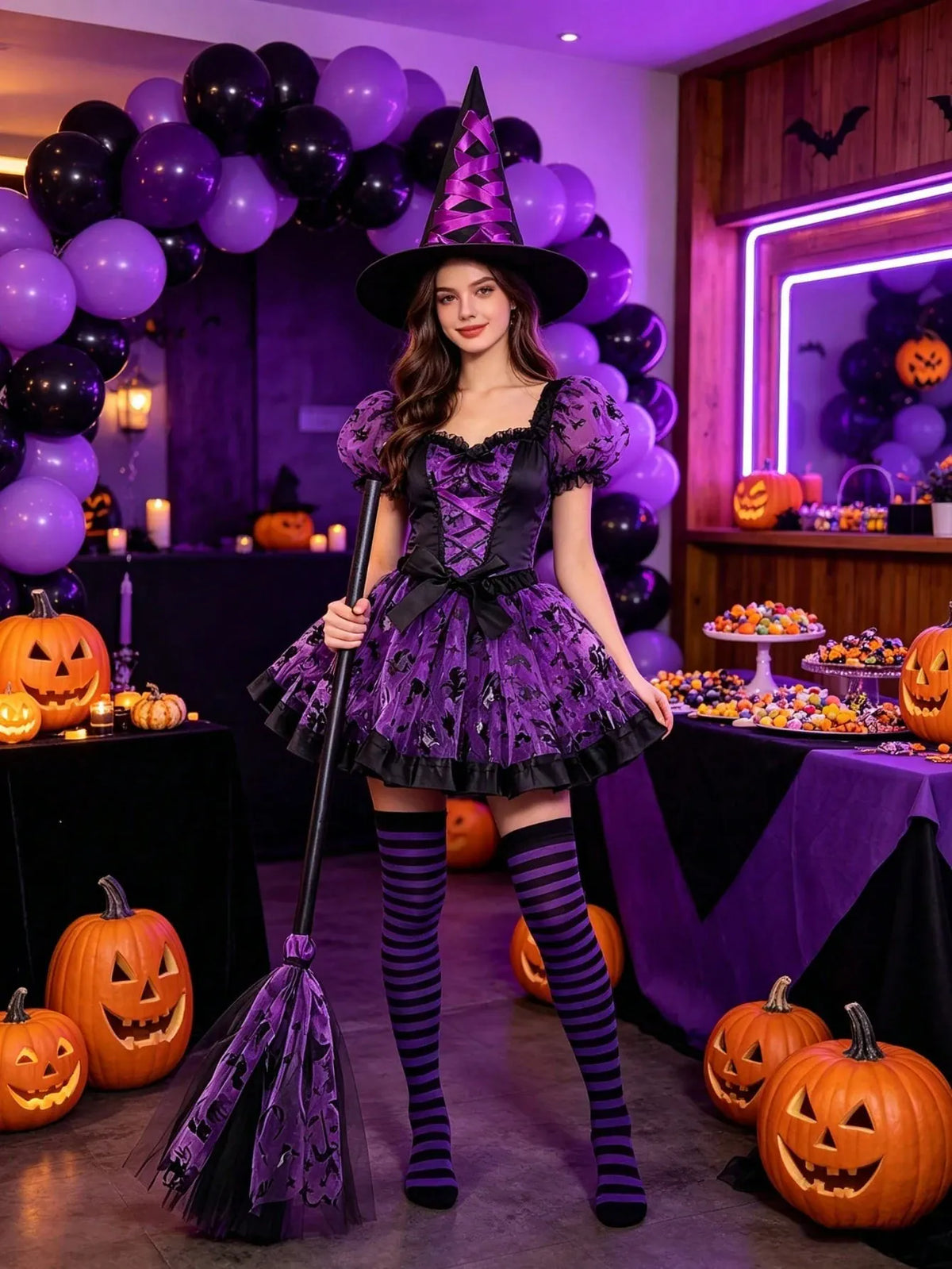 KissICON Purple Witch Costume Complete Witch Costume Set with Hat Tulle Skirt and Broom