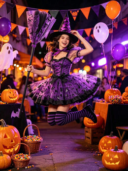 KissICON Purple Witch Costume Complete Witch Costume Set with Hat Tulle Skirt and Broom