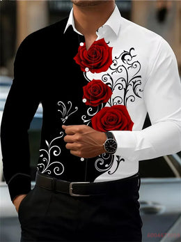 KissICON QAZ-0209 / 4XL 2026 Mens Red Rose Print LongSleeve Casual Shirt