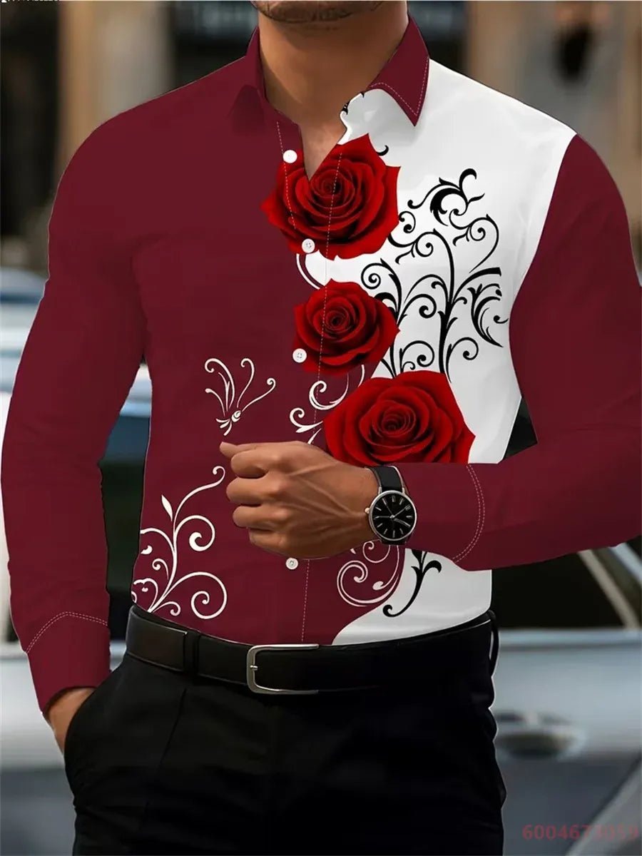 KissICON QAZ-0210 / 4XL 2026 Mens Red Rose Print LongSleeve Casual Shirt