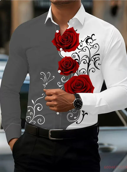 KissICON QAZ-0211 / 6XL 2026 Mens Red Rose Print LongSleeve Casual Shirt