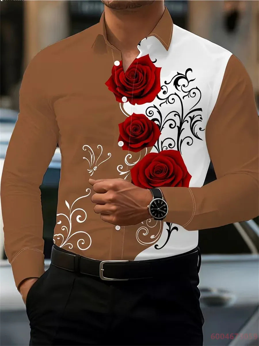 KissICON QAZ-0212 / 4XL 2026 Mens Red Rose Print LongSleeve Casual Shirt