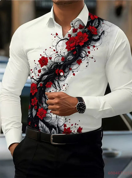 KissICON QAZ-0215 / S 2026 Mens Red Rose Print LongSleeve Casual Shirt