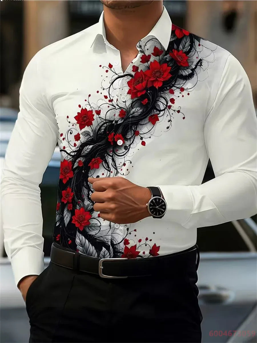 KissICON QAZ-0215 / S 2026 Mens Red Rose Print LongSleeve Casual Shirt