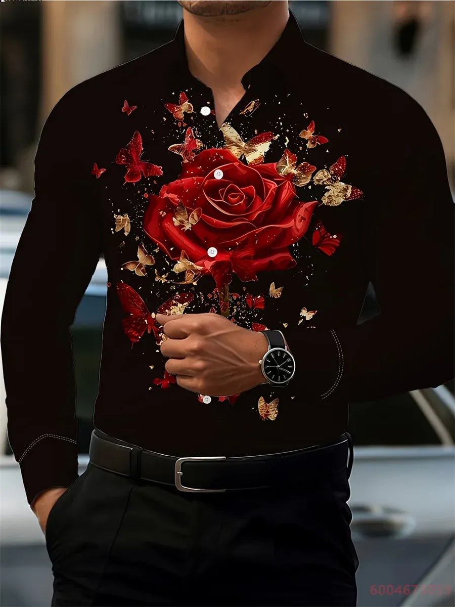 KissICON QAZ-0216 / L 2026 Mens Red Rose Print LongSleeve Casual Shirt