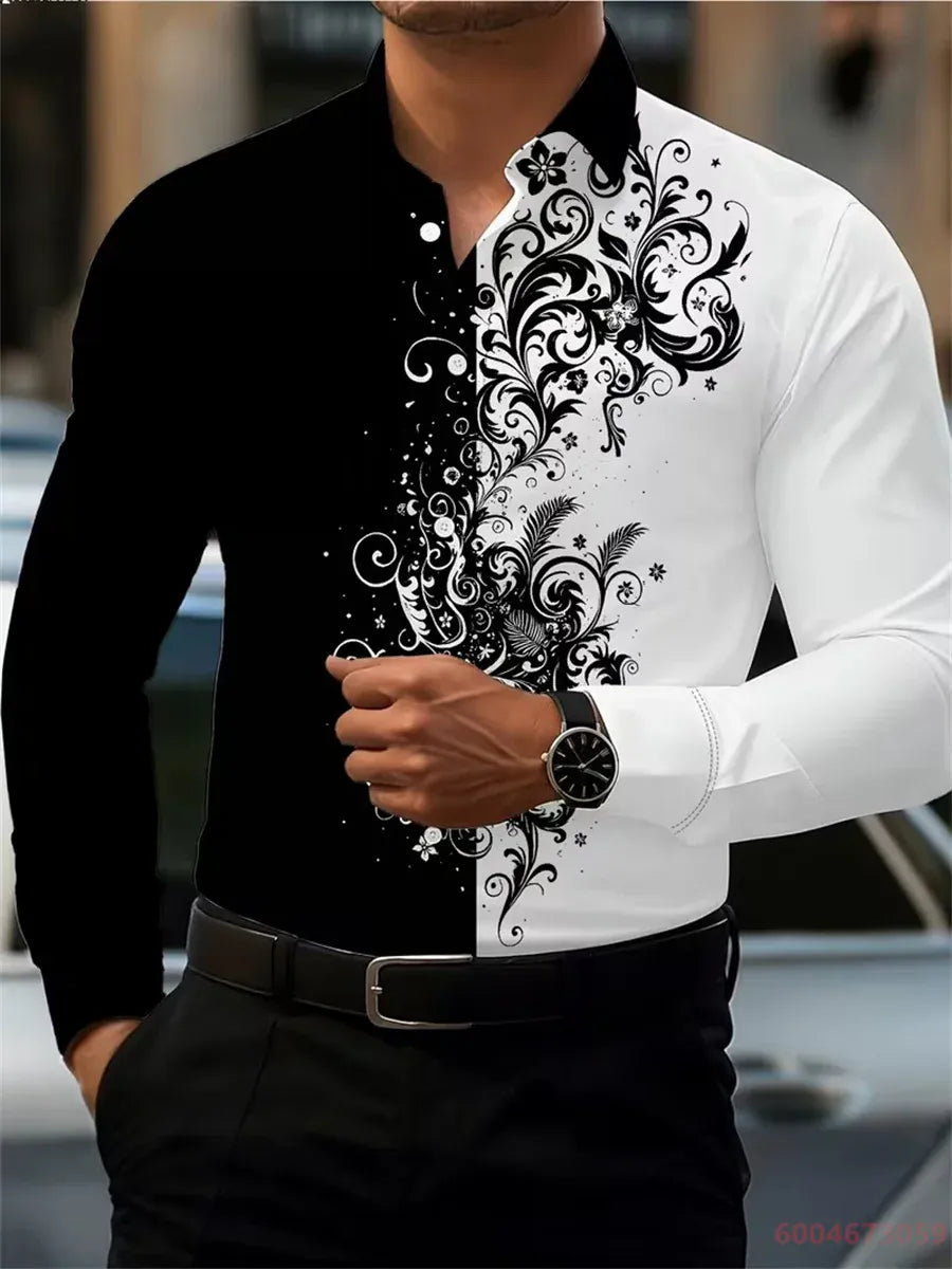 KissICON QAZ-0217 / L 2026 Mens Red Rose Print LongSleeve Casual Shirt