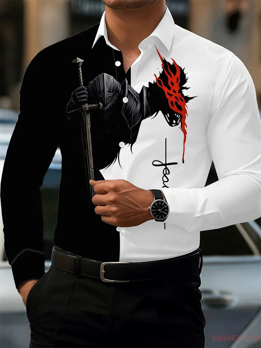 KissICON QAZ-0225 / 6XL 2026 Mens Red Rose Print LongSleeve Casual Shirt