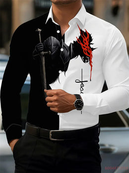 KissICON QAZ-0225 / 6XL 2026 Mens Red Rose Print LongSleeve Casual Shirt