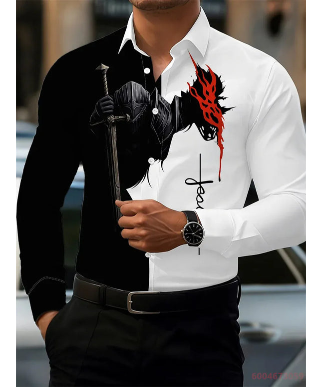 KissICON QAZ-0225 / XXL 2026 Mens Red Rose Print LongSleeve Casual Shirt