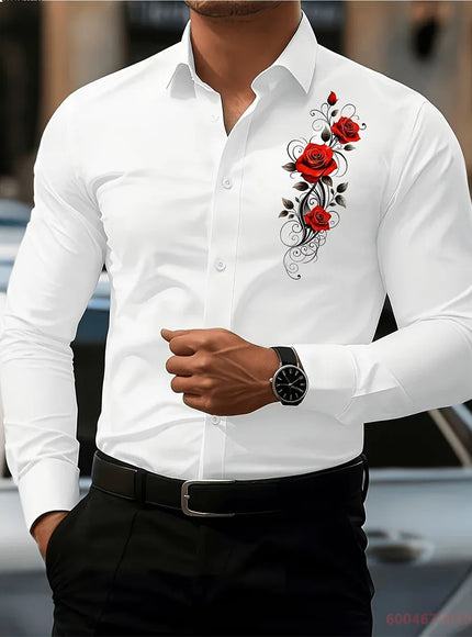 KissICON QAZ-0226 / 6XL 2026 Mens Red Rose Print LongSleeve Casual Shirt