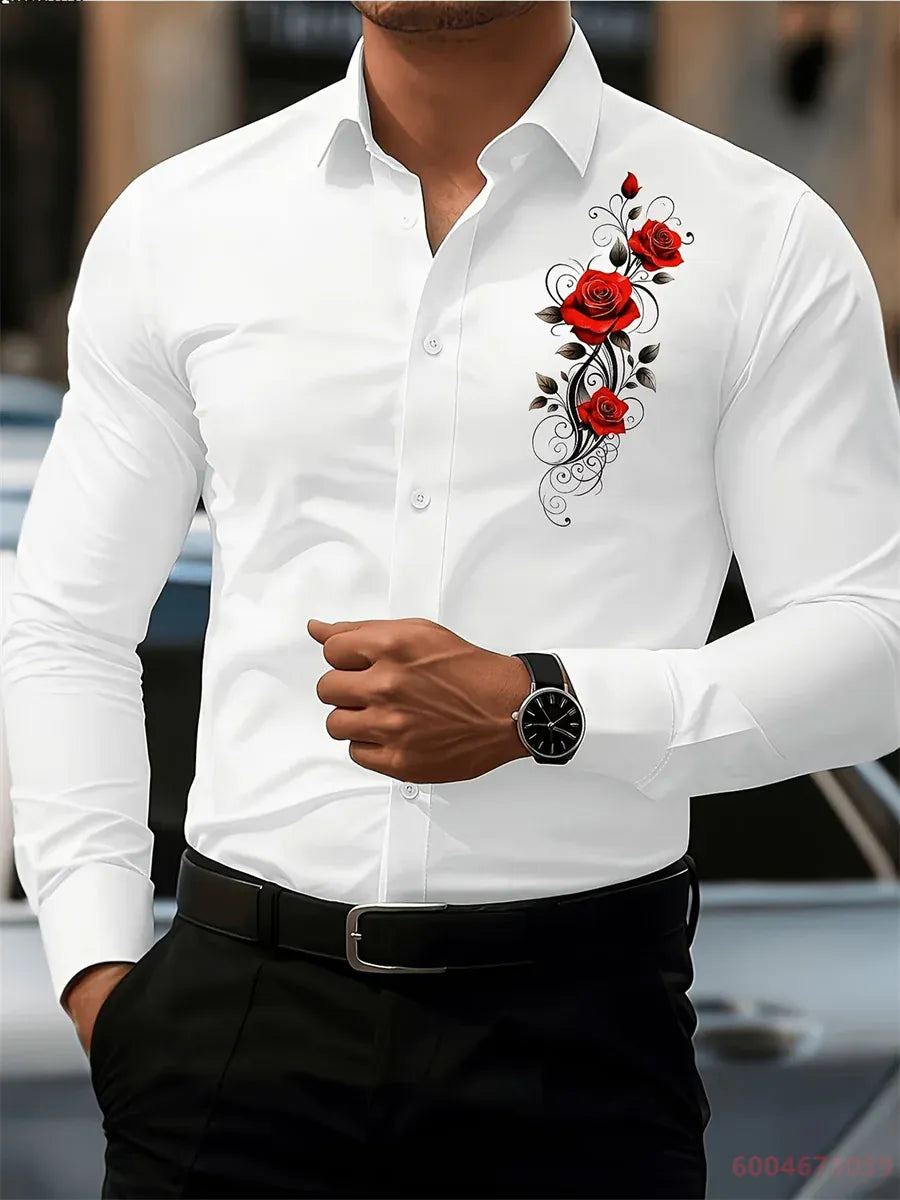 KissICON QAZ-0226 / XXL 2026 Mens Red Rose Print LongSleeve Casual Shirt