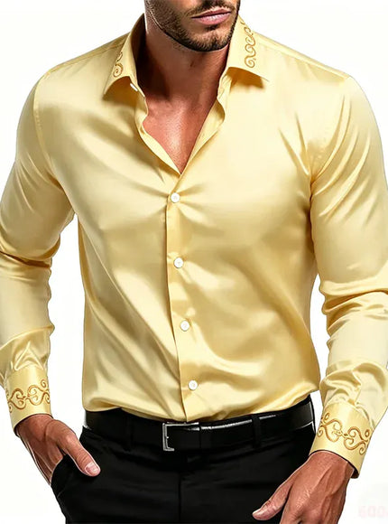 KissICON QAZ-0233 / 6XL Gold Patterned Black LongSleeve Business Formal Shirt