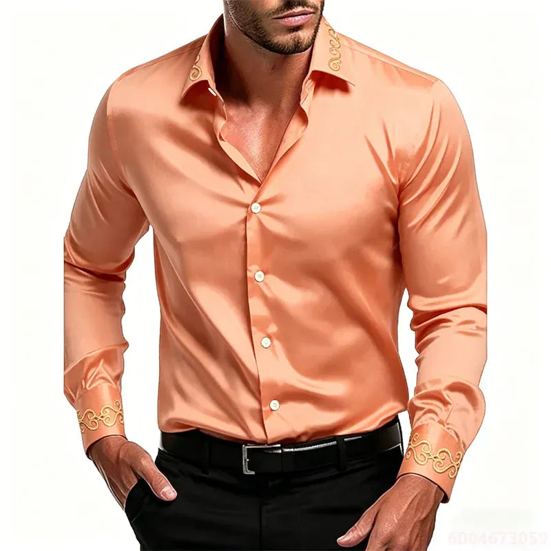 KissICON QAZ-0235 / XS Gold Patterned Black LongSleeve Business Formal Shirt