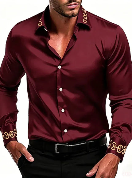 KissICON QAZ-0236 / 6XL Gold Patterned Black LongSleeve Business Formal Shirt