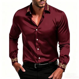 KissICON QAZ-0236 / M Gold Patterned Black LongSleeve Business Formal Shirt