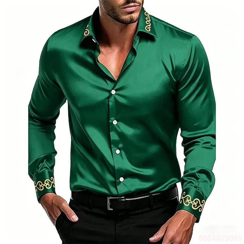 KissICON QAZ-0237 / M Gold Patterned Black LongSleeve Business Formal Shirt