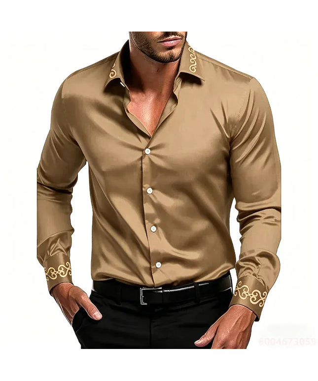 KissICON QAZ-0239 / XL Gold Patterned Black LongSleeve Business Formal Shirt