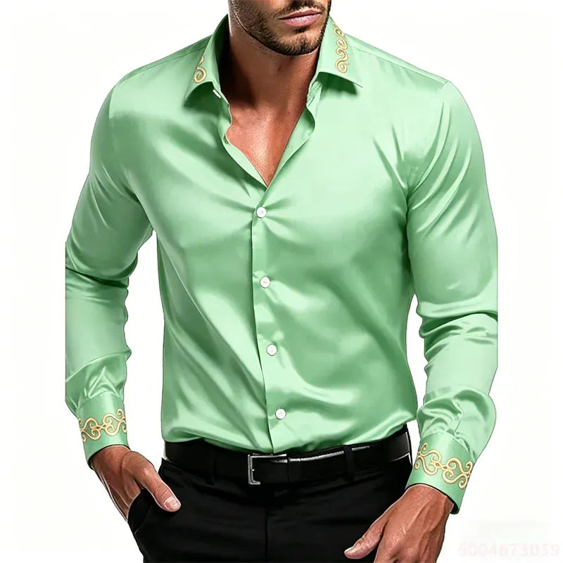 KissICON QAZ-0240 / XXXL Gold Patterned Black LongSleeve Business Formal Shirt
