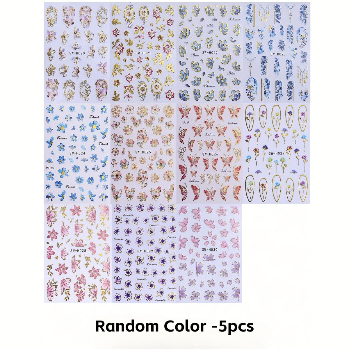 KissICON Random Color / 5 Sheets Kiss Icon Floral Nail Stickers Set - Golden