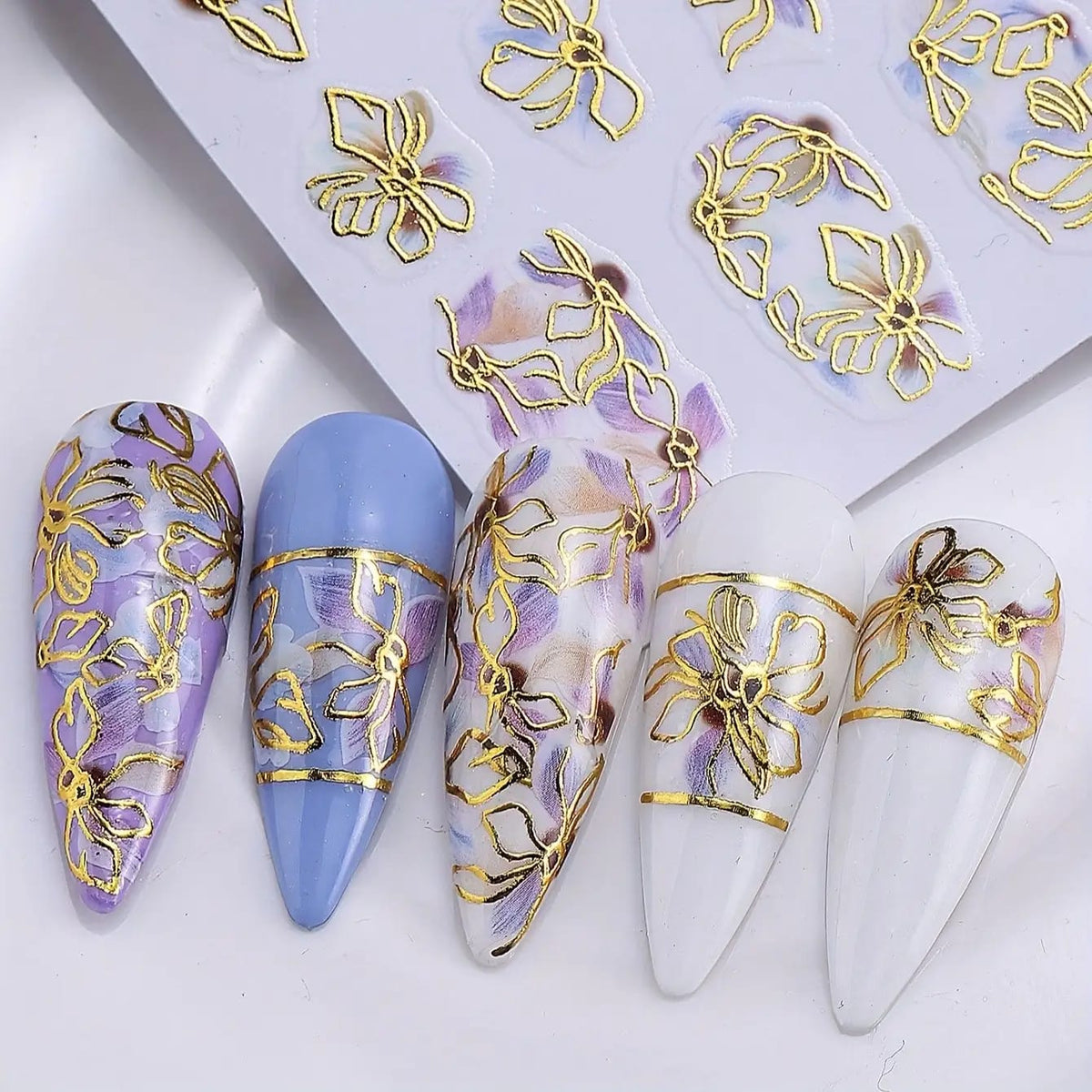 KissICON Random Color / 5 Sheets Kiss Icon Floral Nail Stickers Set - Golden